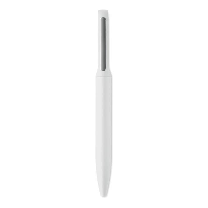 A white pen featuring a sleek design and a small transparent window. It has a smooth, minimalist look.