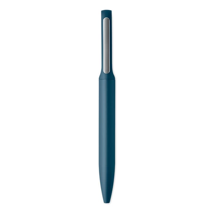 A blue pen with a sleek design and a silver accent, featuring a logo on the side.