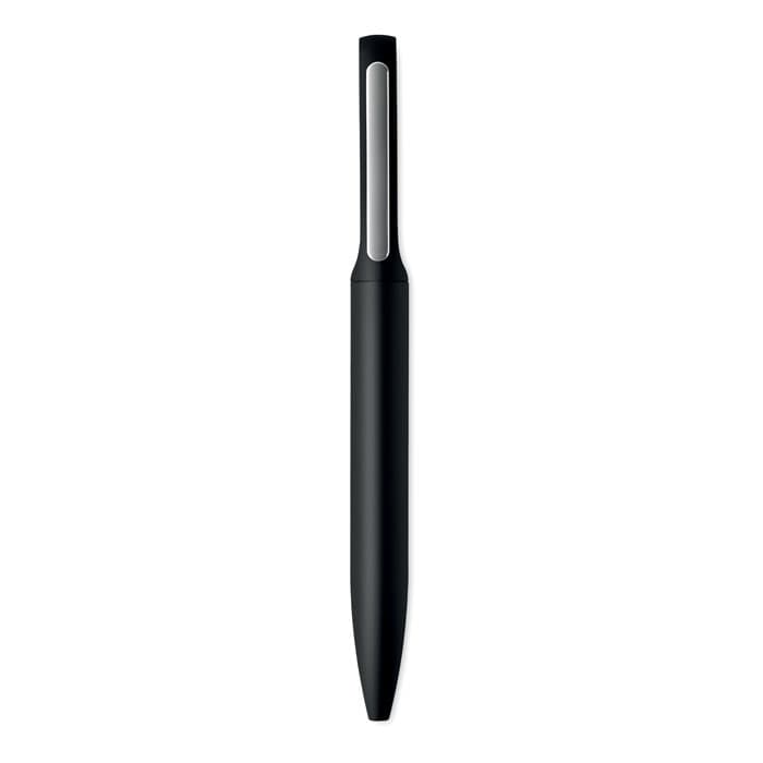 A pen with a sleek, black design and a silver clip, featuring a minimalistic style.