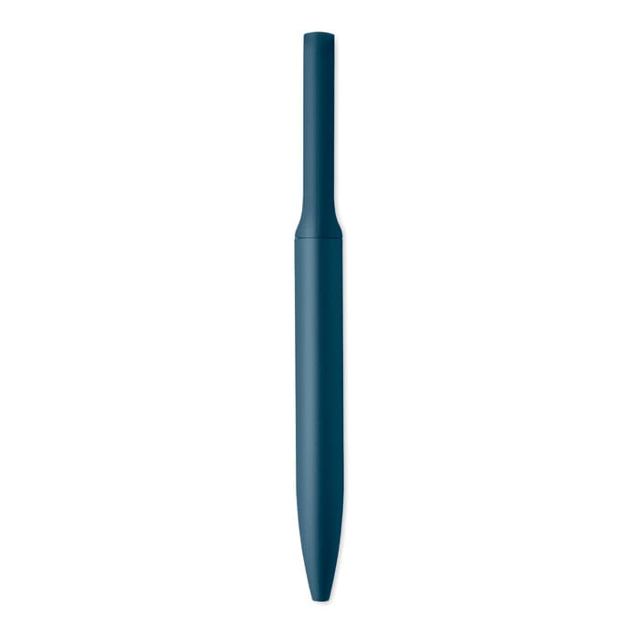 A blue pen with a smooth, streamlined design, featuring a cap that covers the writing tip.