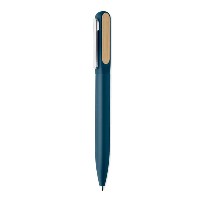 A blue pen with a gold clip and trim, featuring a smooth, sleek design and a logo on the barrel.