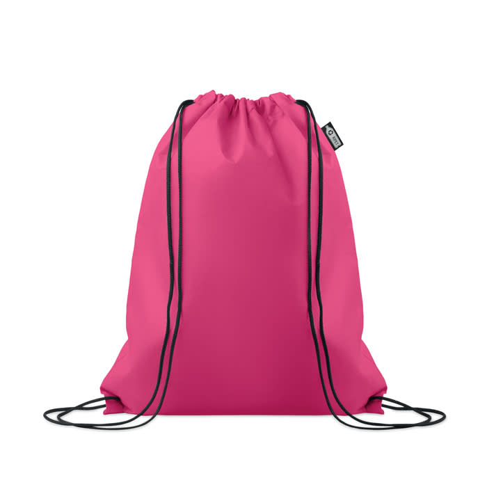 A drawstring backpack in bright pink with contrasting black cords and a small logo tag.