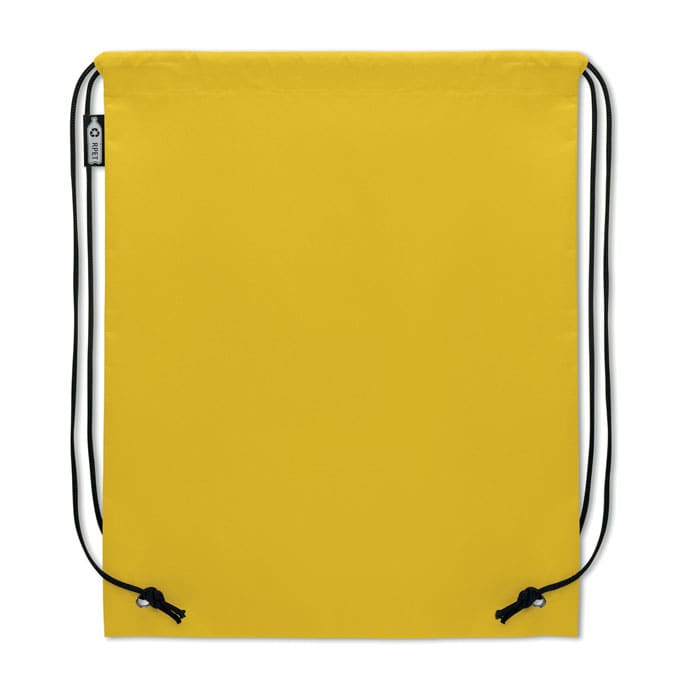 A drawstring backpack in bright yellow with black cords, featuring a small branding label.