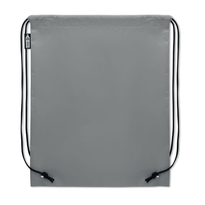 A grey drawstring bag with black cords on either side and a logo near the top.