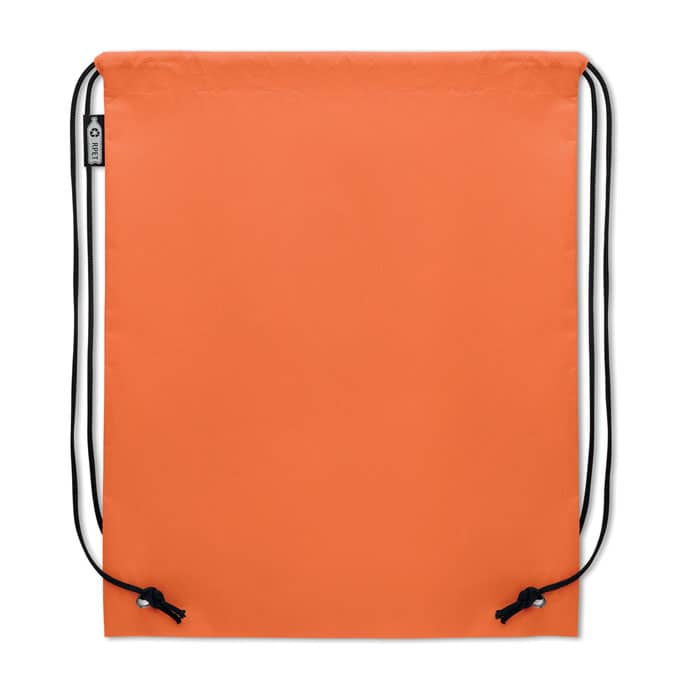 An orange drawstring bag featuring black cords for closure. It has a logo on one side.
