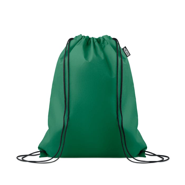 A green drawstring backpack with black cords and a branding label.