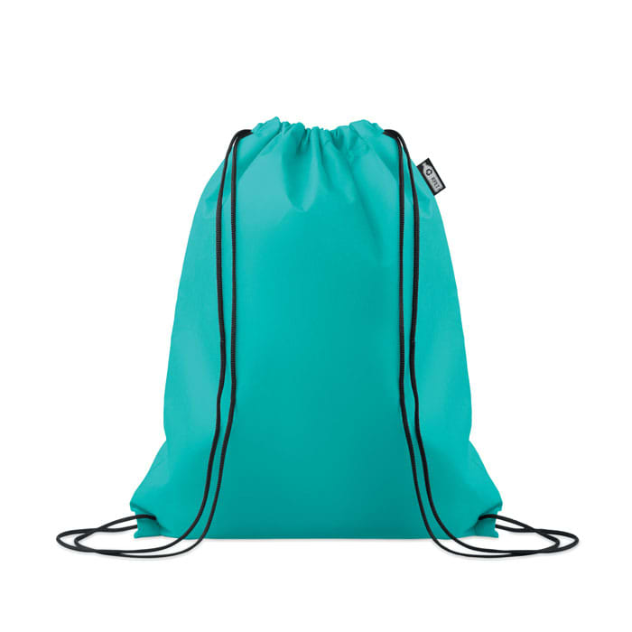 A drawstring backpack in a vibrant turquoise colour, featuring black cords for closure and carrying.