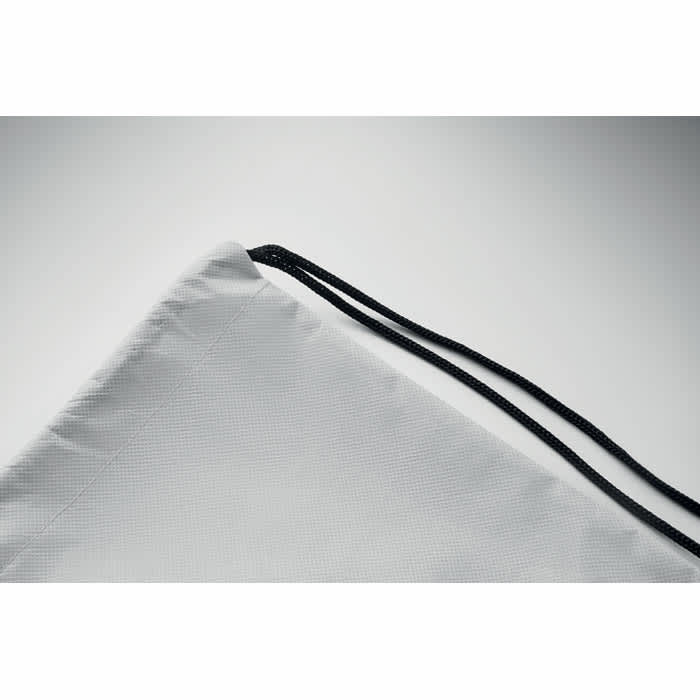 A drawstring bag with a grey fabric body and black drawstrings. It features a simple and clean design.
