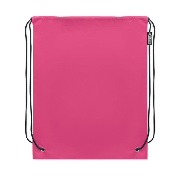 A drawstring bag in bright pink with black cords and a small logo.