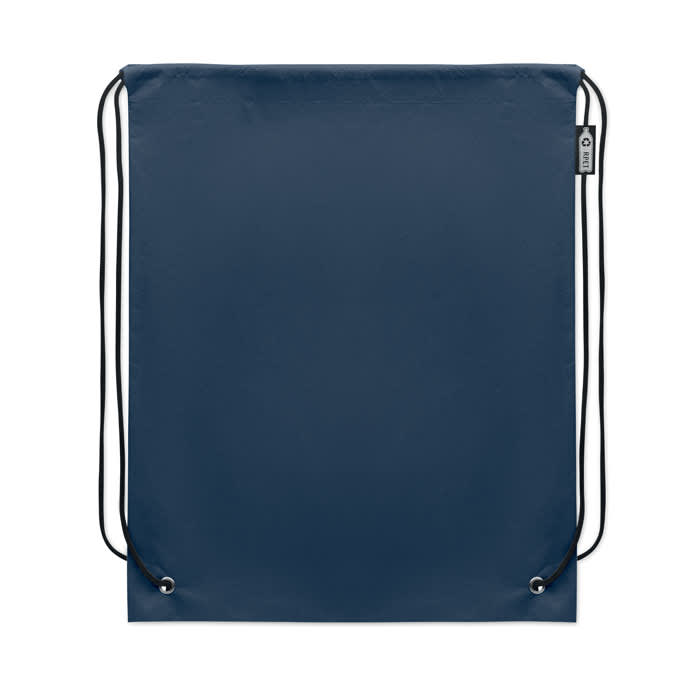 A drawstring bag in navy blue with a simple design and adjustable cords, featuring a branding label.
