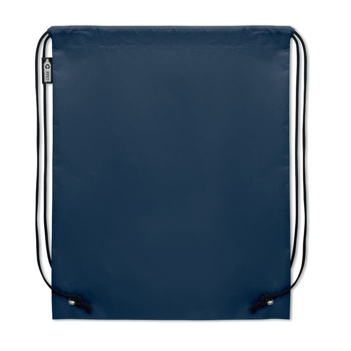 A drawstring bag in navy blue with black cords and a logo tag on the side.