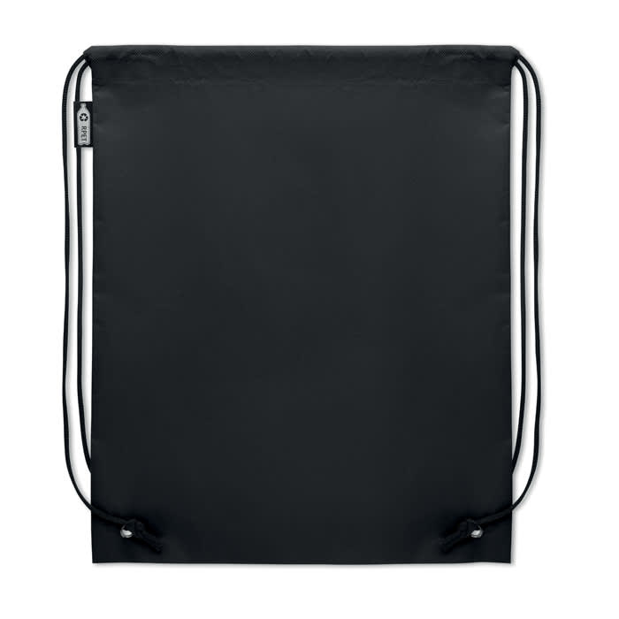 A black drawstring bag featuring two drawstrings and a simple design. It includes a branding label.