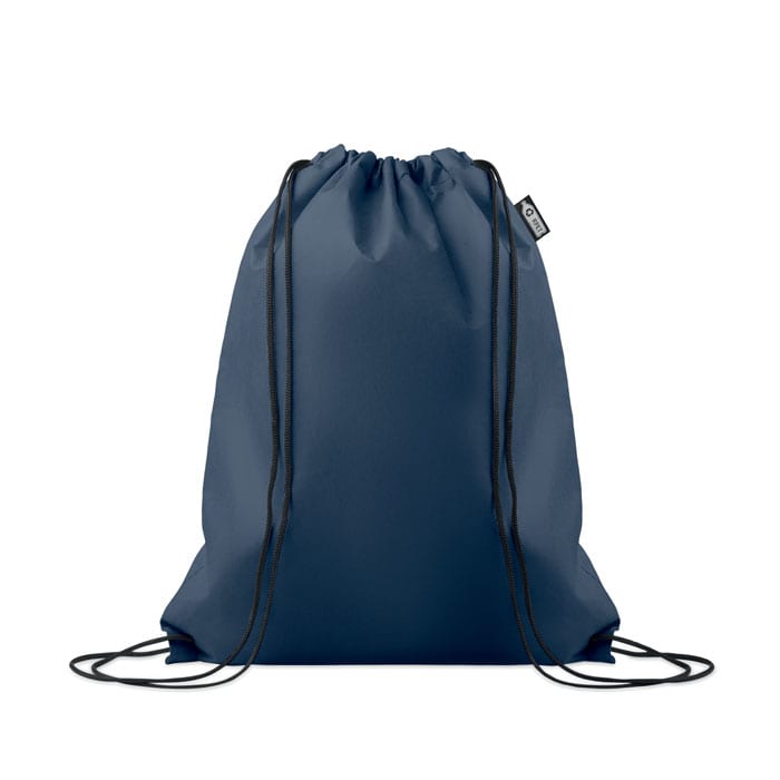 A drawstring backpack in navy blue with black cords and a branded tag.