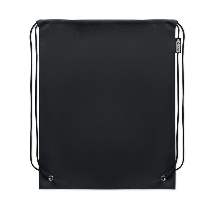 A black drawstring bag with a plain design and adjustable cords, featuring a small logo tag.