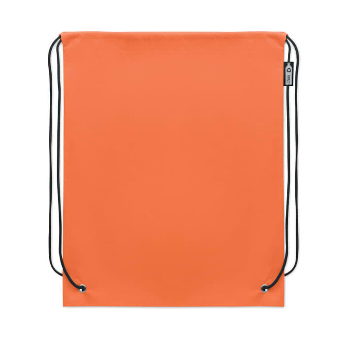 An orange drawstring bag with black cords, featuring a small branding tag.