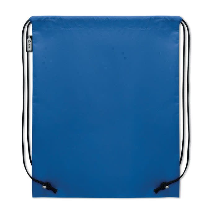 A drawstring bag in bright blue with black cords and a logo on the side.