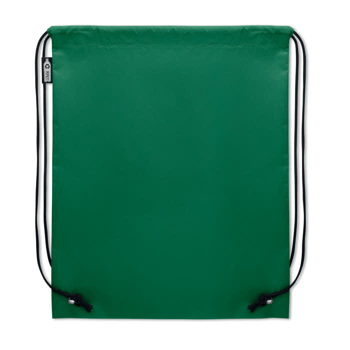 A drawstring bag in solid green with black cords, featuring a logo on one side.