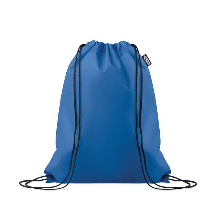 A blue drawstring bag with black straps, featuring a small logo on one side.