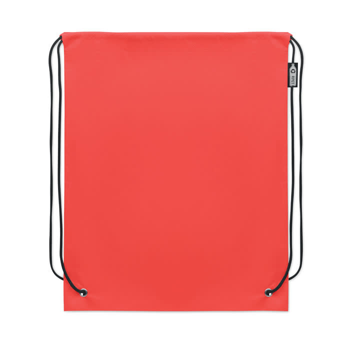 A drawstring bag in bright coral colour with black drawstrings and a logo tag.