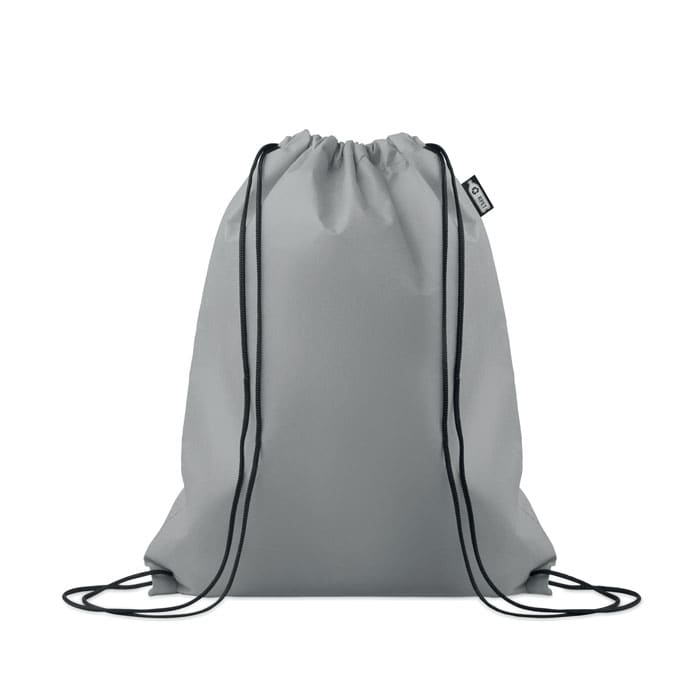 A drawstring backpack in grey with black cords, featuring a small logo. Simple and versatile design.