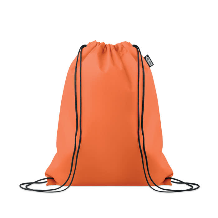 A drawstring bag in vibrant orange with black cords and a logo tag.
