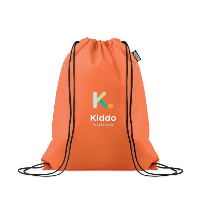 An orange drawstring bag features a logo and black straps. The design is simple and functional.