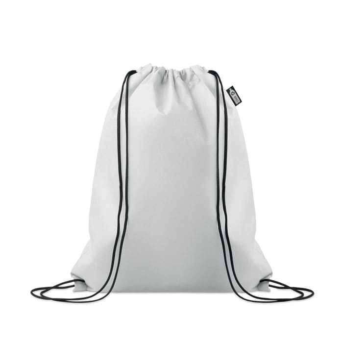 A drawstring backpack in white with black straps, featuring a branding label.