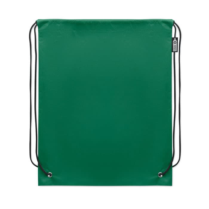 A green drawstring bag with black cords, featuring a small branding tag at the side.