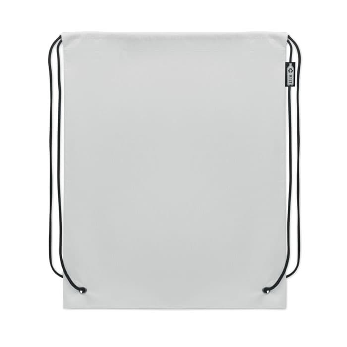 A drawstring bag in white with black cords, featuring a small logo on the side.