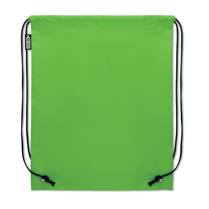 A green drawstring bag featuring a simple design and black cords for closing. It has a logo on one side.