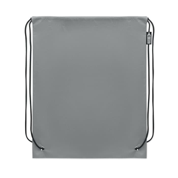 A drawstring bag in a solid grey colour featuring black cords and a branding label.