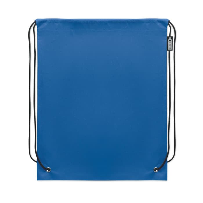 A drawstring bag in a solid blue colour, featuring black cord straps and a small branding tag.