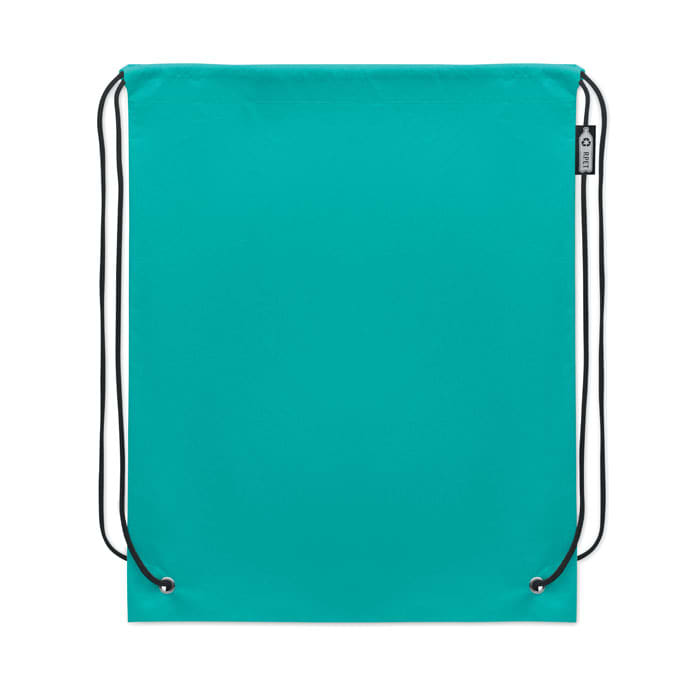 A drawstring bag in a vibrant teal colour with black cords and a logo tag.