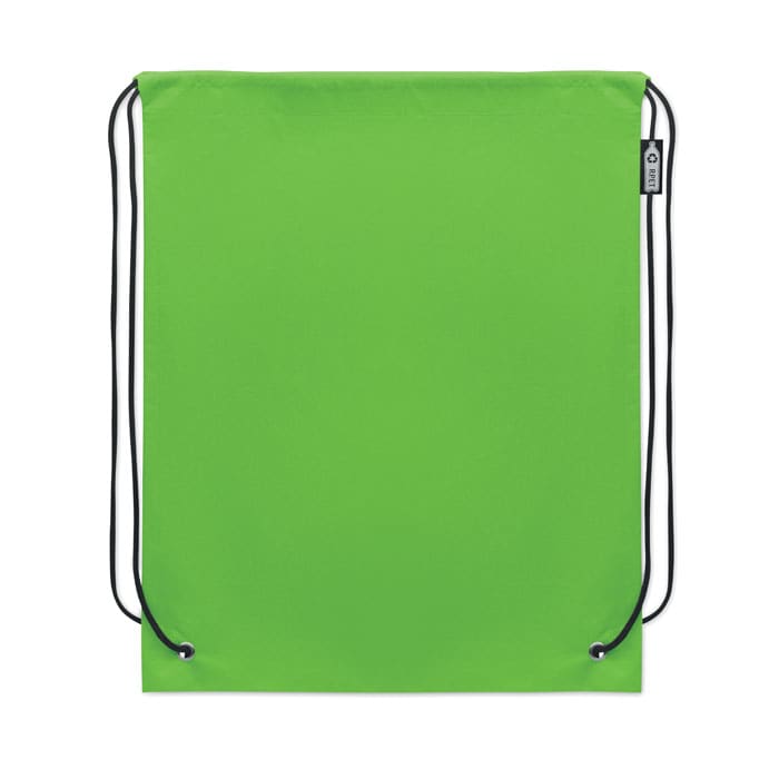 A drawstring bag in bright green with a logo, featuring black cords for closure and carrying.