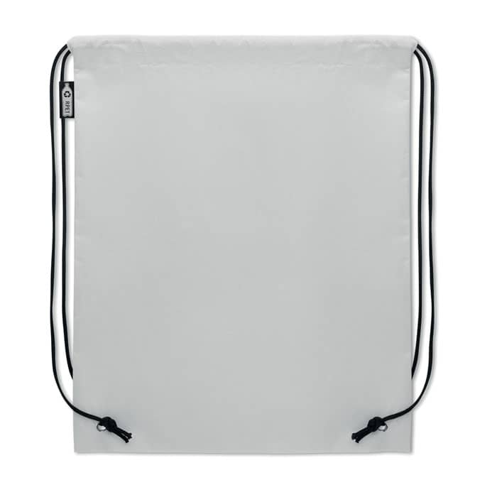 A drawstring backpack in white, featuring black cords and a small label. It has no visible design elements.