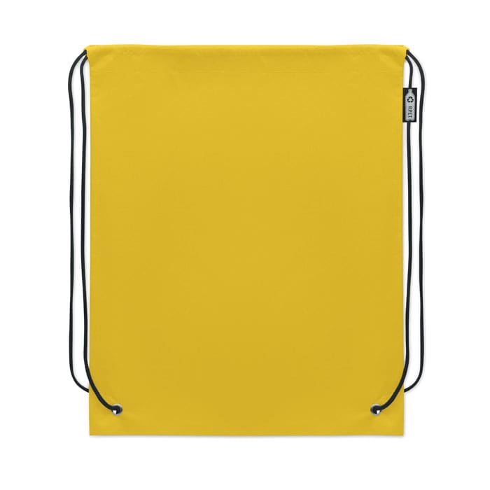 A drawstring backpack in bright yellow with black cords and a small logo. It has a simple, minimalist design.