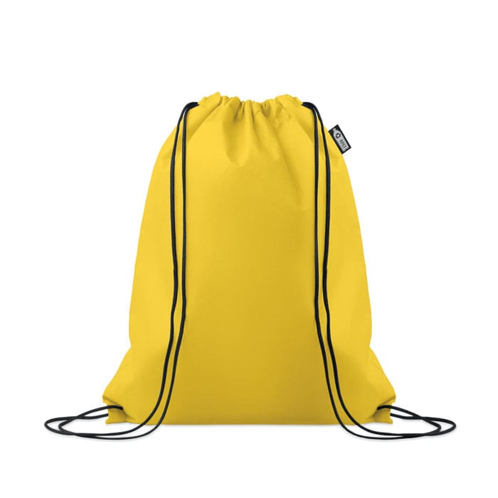 A drawstring backpack in bright yellow with black strings and a logo tag.