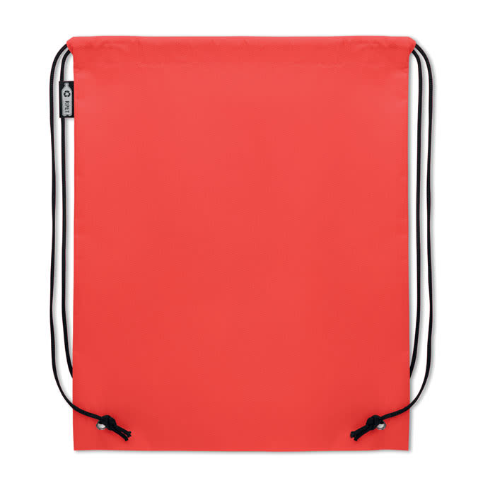 A drawstring backpack in bright red with black cords and a logo. The bag has a simple, solid colour design.