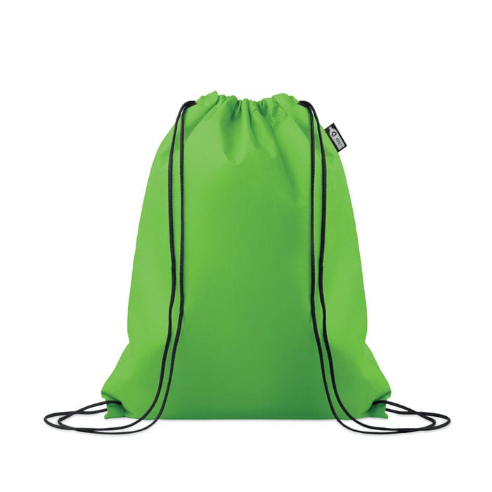 A drawstring backpack in vibrant green with black cord straps and a branding label.
