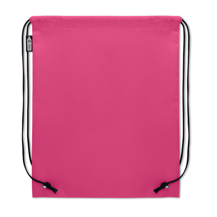 A drawstring bag in bright pink with black cords. It features a logo on the side.