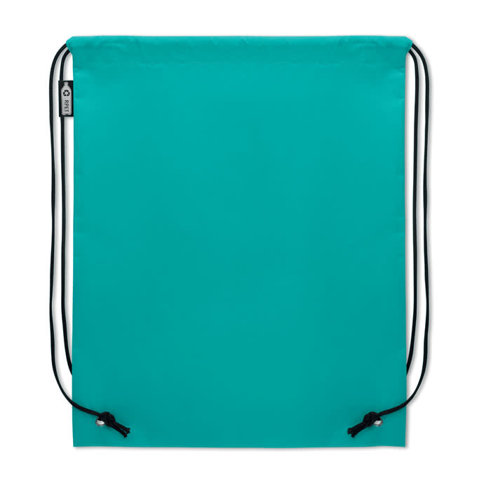 A drawstring backpack in a vibrant teal colour, featuring black drawstrings and a brand logo.
