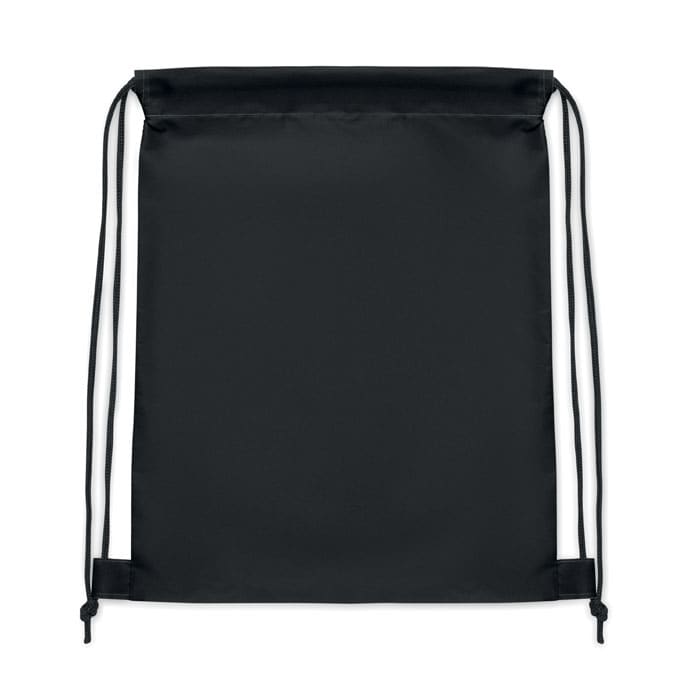 A black drawstring backpack with contrasting white edges, featuring two shoulder straps for easy carrying.