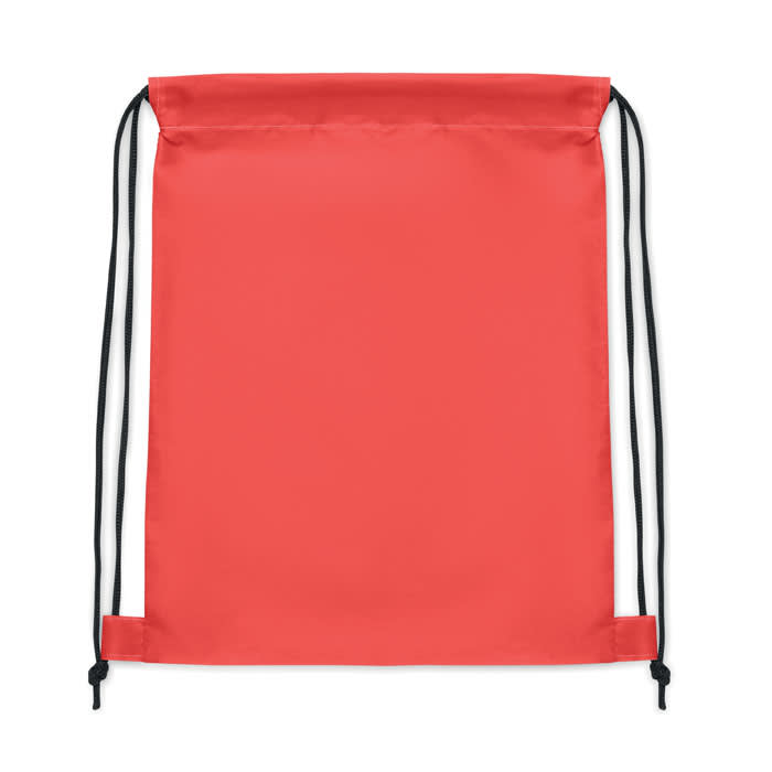 A drawstring backpack in coral red with black cords and a simple design. Suitable for various activities.