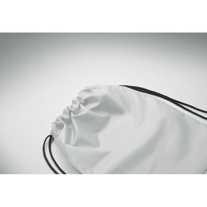 A drawstring bag in white with black cords, featuring a gathered opening and a smooth fabric texture.