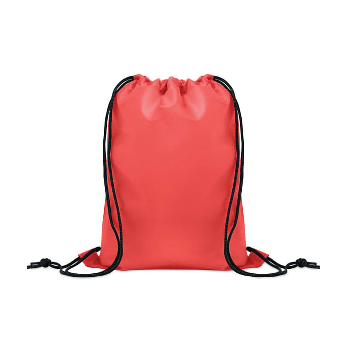 A drawstring backpack in coral pink with black cords and a logo at the top.