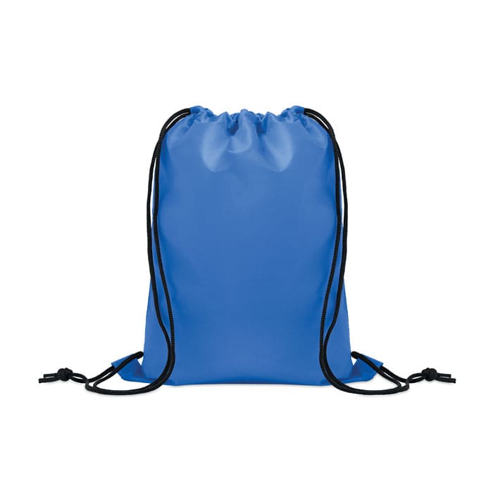A blue drawstring backpack featuring black cords and a simple design, suitable for various activities.