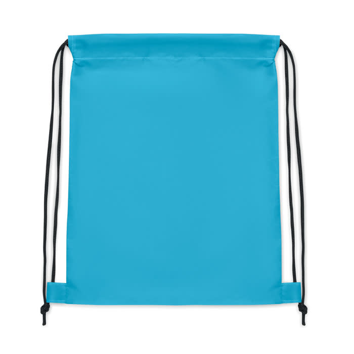 A drawstring backpack in bright blue with black cords. It features a smooth fabric and a simple design.