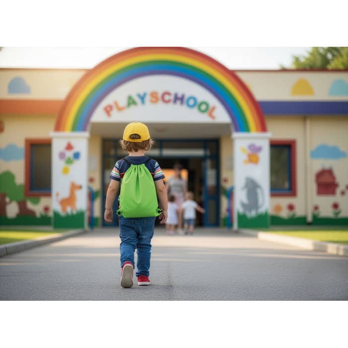 A child wearing a yellow cap and green backpack walks towards a colourful playschool building.