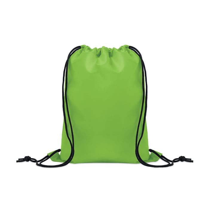 A bright green drawstring bag with black cord straps, featuring a simple and clean design.