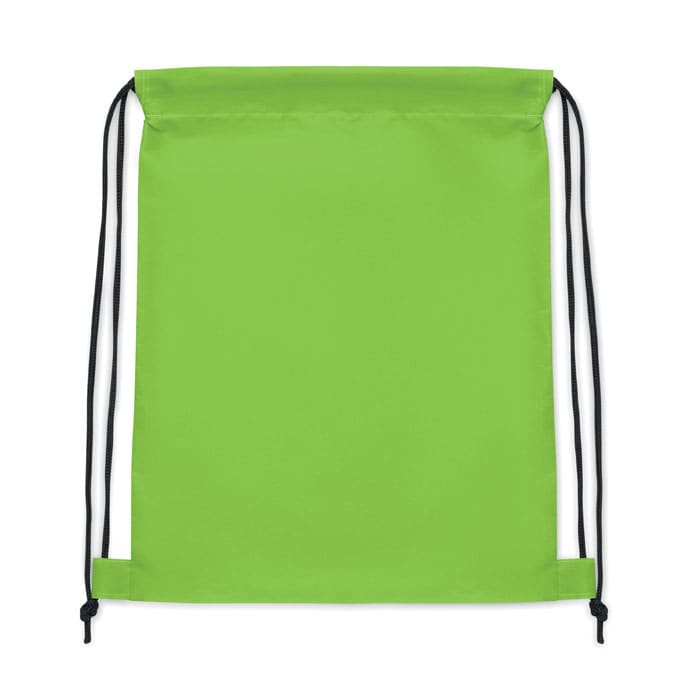 A green drawstring bag with black cords on either side, featuring a simple and minimalist design.
